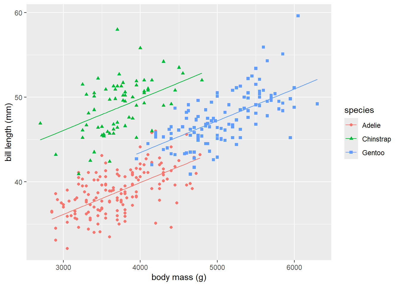The fitted lines from the separate lines model for each level of `species` is added to the grouped scatter plot of `bill_length_mm` versus `body_mass_g`.