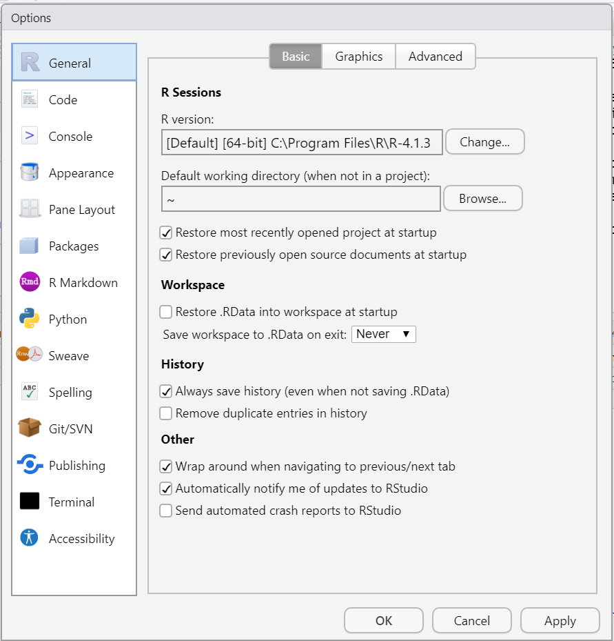 The General options window.